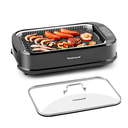 Techwood 1500W Indoor Smokeless Grill with Tempered Glass Lid(Black)