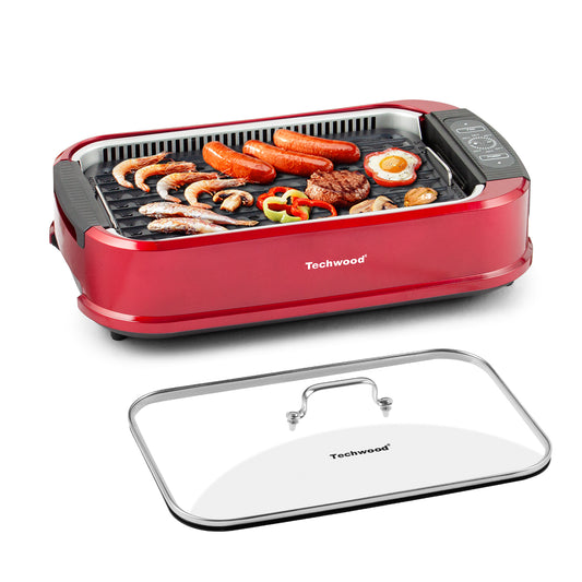 Techwood 1500W Indoor Smokeless Grill with non-stick grill plate(Red)