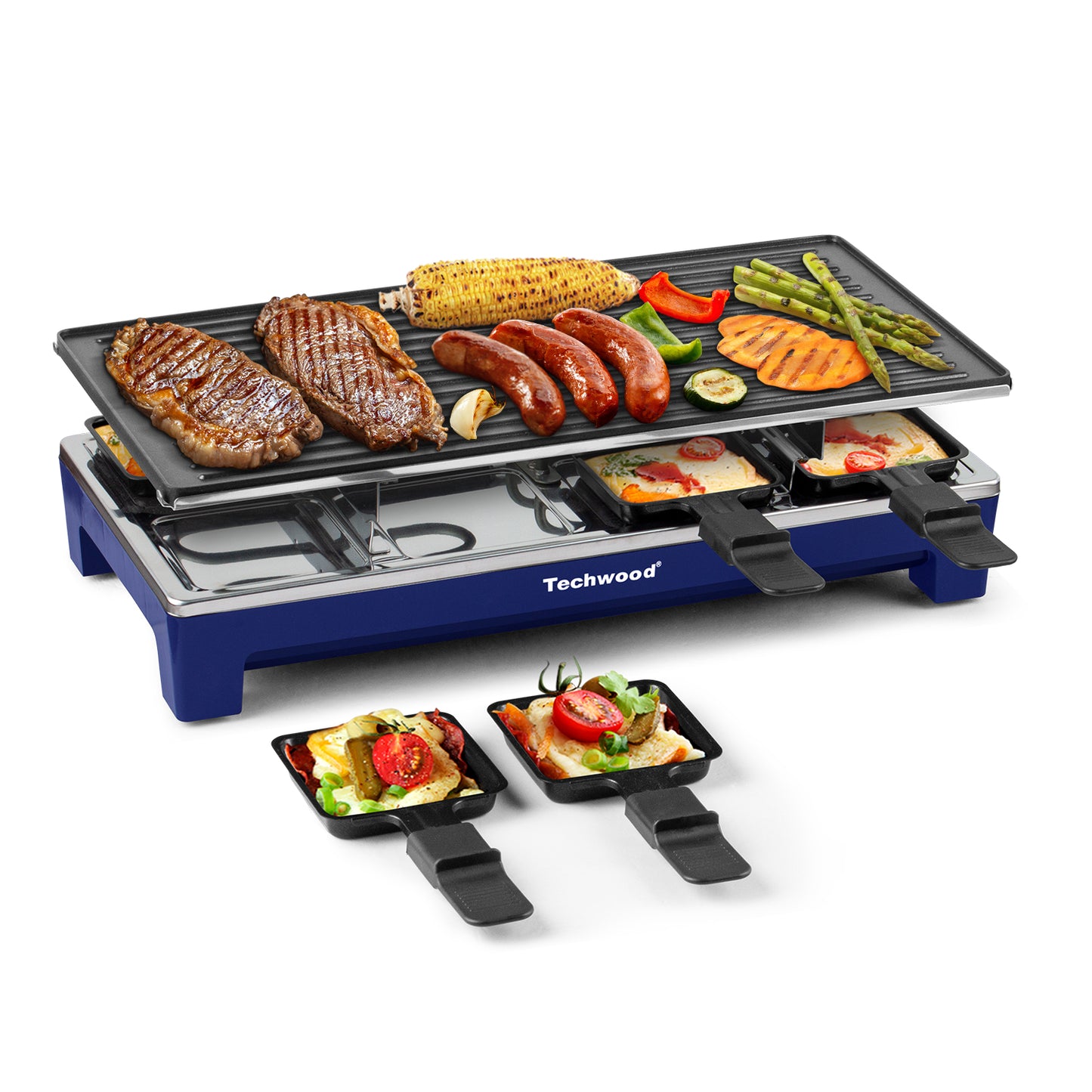 Techwood 1500W Indoor Table Grill with 8 Cheese Melting Pans(Blue)