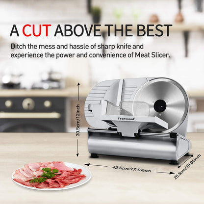Techwood Meat Slicer, Electric Deil Food Slicer with 9" Removable Stainless Steel Blade, Deli Cheese Fruit Vegetable Bread Cutter with Adjustable Knob for Thickness, Child Lock - For Home Use(Silver Double Blade)