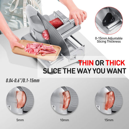 Techwood Meat Slicer, Electric Deil Food Slicer with 9" Removable Stainless Steel Blade, Deli Cheese Fruit Vegetable Bread Cutter with Adjustable Knob for Thickness, Child Lock - For Home Use(Silver Double Blade)