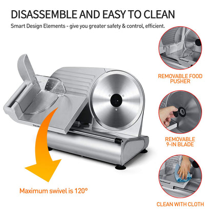 Techwood Meat Slicer, Electric Deil Food Slicer with 9" Removable Stainless Steel Blade, Deli Cheese Fruit Vegetable Bread Cutter with Adjustable Knob for Thickness, Child Lock - For Home Use(Silver Double Blade)