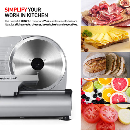 Techwood Meat Slicer, Electric Deil Food Slicer with 9" Removable Stainless Steel Blade, Deli Cheese Fruit Vegetable Bread Cutter with Adjustable Knob for Thickness, Child Lock - For Home Use(Silver Double Blade)