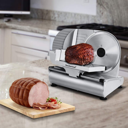 Techwood Meat Slicer, Electric Deil Food Slicer with 9" Removable Stainless Steel Blade, Deli Cheese Fruit Vegetable Bread Cutter with Adjustable Knob for Thickness, Child Lock - For Home Use(Silver Double Blade)