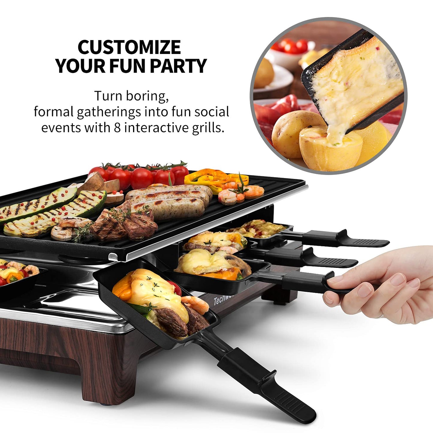 Techwood 1500W Indoor Table Grill with 8 Cheese Melting Pans(Brown)